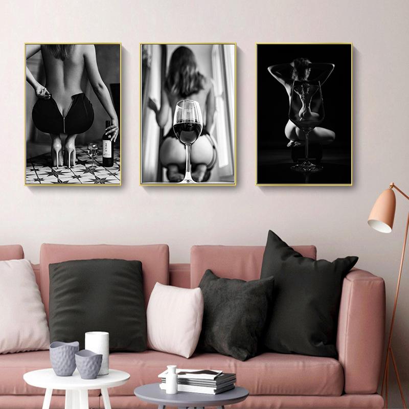 Modern Black and White Nude Art Poster Printing Sexy Girl Wine Glass Wall Art Pictures for Bedroom Bathroom Home Decoration