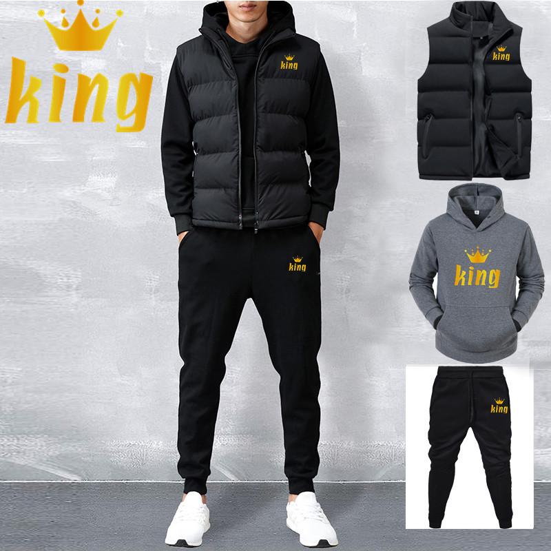 Men Spring Winter Fleece Hoddies Set Casual Sets Vest + Hoodies + Pants 3 Piece Set Male Tracksuit Sportswear Set