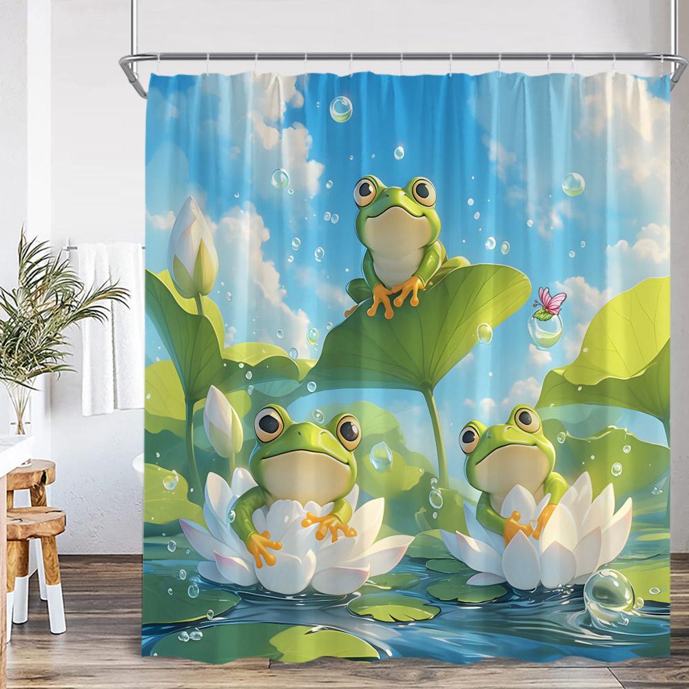 Funny Frog Shower Curtain Animal Lotus Leaf Pond Mushroom Rainforest Vintage Summer Bathroom Decor Kid Bath Curtain With Hooks