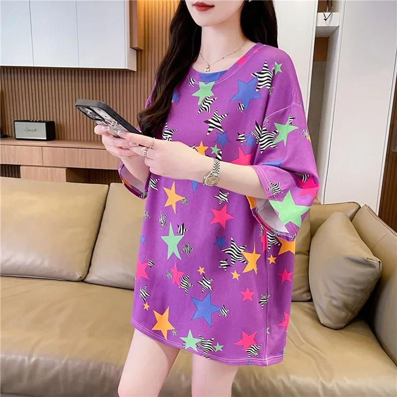 Летняя винтажная футболка с принтом Мода Женская Оверсайз Графические Длинные Футболки Y2k Топы Харадзюку хип-хоп Уличная одежда молодежная