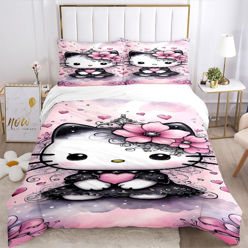 3 шт. Комплект постельного белья с принтом Розовые Цветы и Hello Kitty, Мягкий и Удобный Пододеяльник для Спальни, Гостевой Комнаты (Не включено).S070