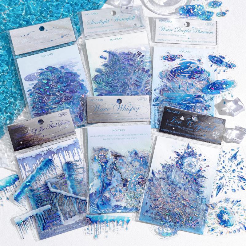 20-Sheet Blue Ice Crystal & Raindrop Theme Stickers, Frosty Droplet Patterns & Self-Adhesive, for Journal DIY & Scrapbook Deco
