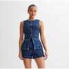 Denim Split Vest Shorts Set Women Single Breasted Sleeveless O-neck Top High Waist Short Pant Summer Lady Suit