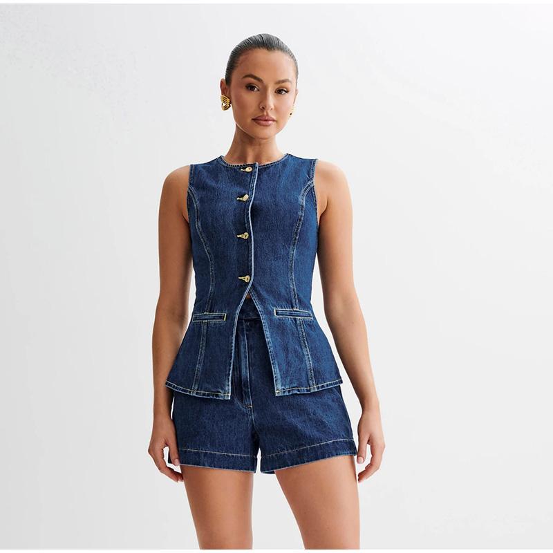 Denim Split Vest Shorts Set Women Single Breasted Sleeveless O-neck Top High Waist Short Pant Summer Lady Suit