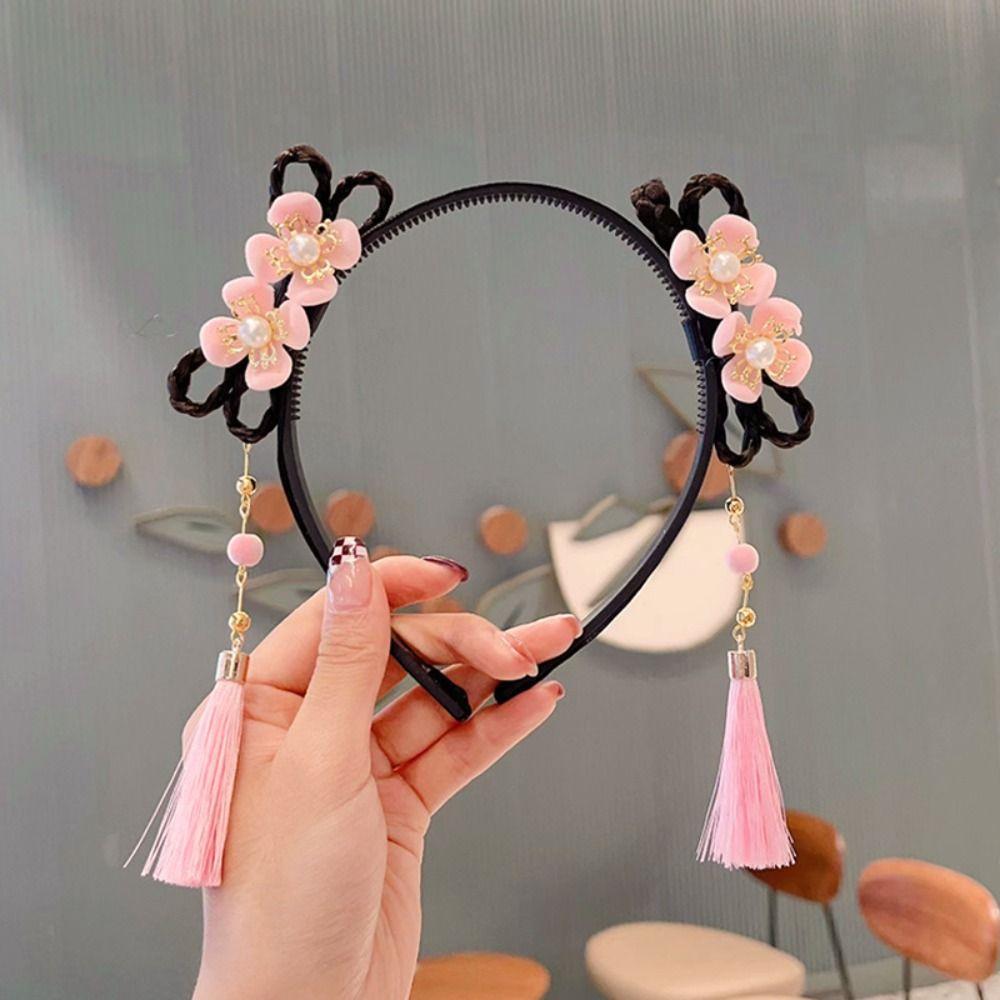 Pearl Flower Tassel Headband Red New Year Headwear Tang Suit Hanfu Wig Headband Children