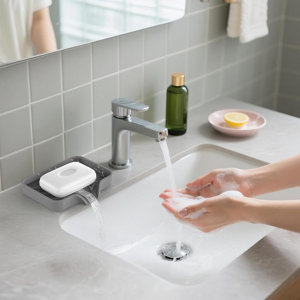 Silicone Soap Dish for Shower with Self Draining, 2 Pack Soap Holder for Bathroom, Silicone Sponge Holder for Kitchen Sink, Soap Tray for Dispenser,