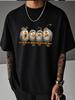 Unisex Summer White Short Sleeve Tee Four Cute Cartoon Birds On Branch Graphic Print Crew Neck Loose Casual Male Daily Tops