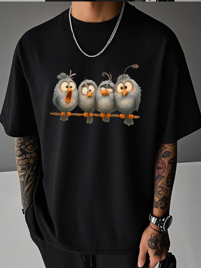 Unisex Summer White Short Sleeve Tee Four Cute Cartoon Birds On Branch Graphic Print Crew Neck Loose Casual Male Daily Tops
