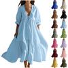 Women's Summer Fashionable Solid Color V-neck Short Sleeved Beach Dress  Lace Patchwork Dress