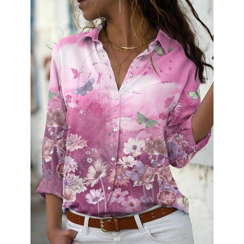 Spring and Autumn Women's Plus Size Shirt Printed Long Sleeve Lapel Shirt