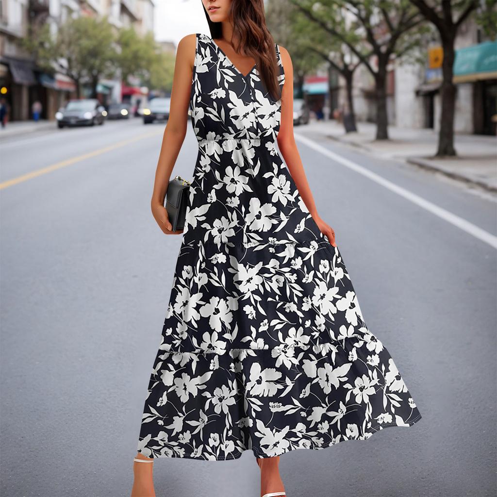 Женские струящиеся платья Женские летние платья Повседневные длинные платья без рукавов Милые длинные платья с цветочным принтом