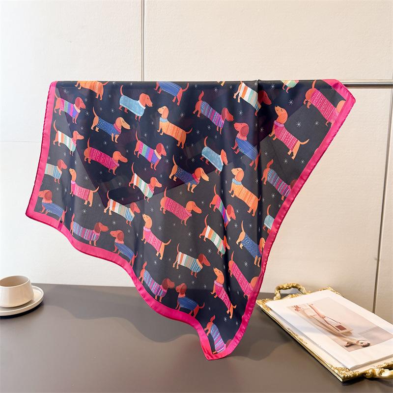 New dachshund print faux silk small square scarf shawl versatile high-end neck scarf bandana wrap