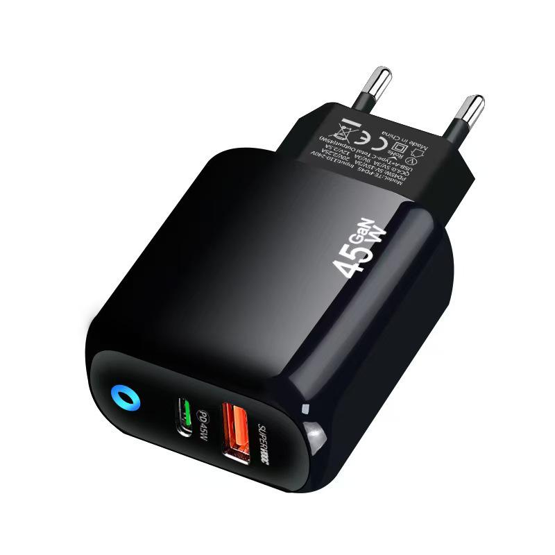 Двухпортовое GaN-зарядное устройство PD45W с международной совместимостью и светодиодным индикатором
