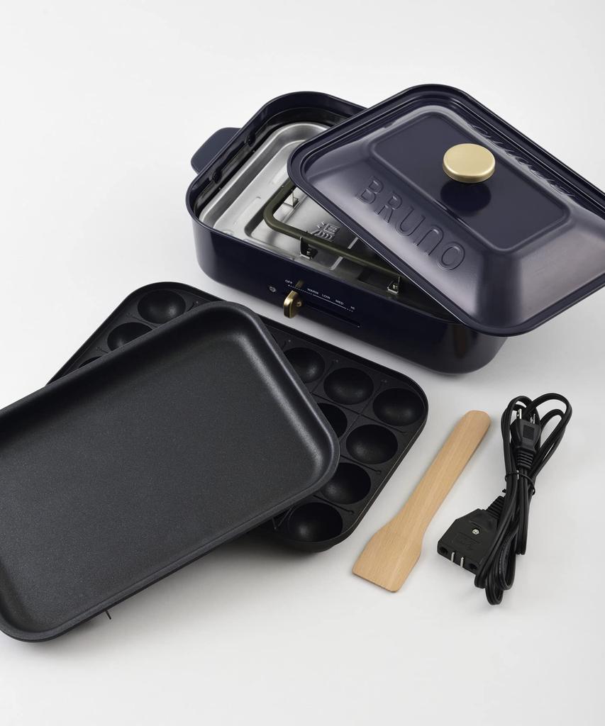 BRUNO Compact Hot Plate Main Unit 5 Types of Plates Ceramic Coated Flat Recipe Book Included Navy Navy Stylish Cute One Unit Lid Included 1200W