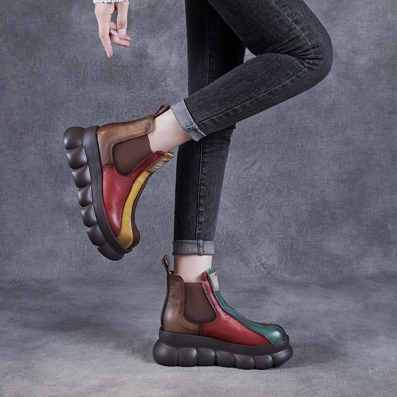 Johnature Rainbow Genuine Leather Short Boots Chelsea Wedge Heel Thick Soled Waterproof Women's Boots