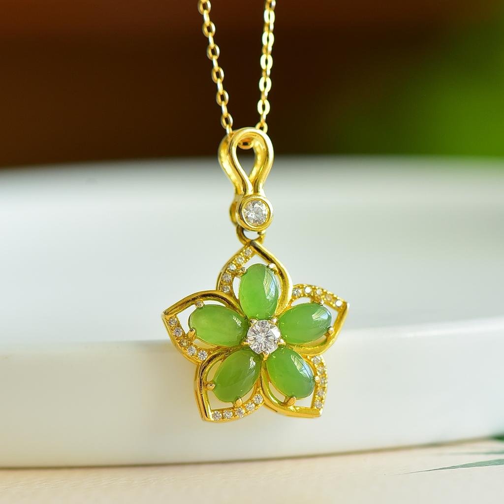 Hotan Jade S925 Silver Inlaid Jasper Five Petal Flower Pendant Necklace