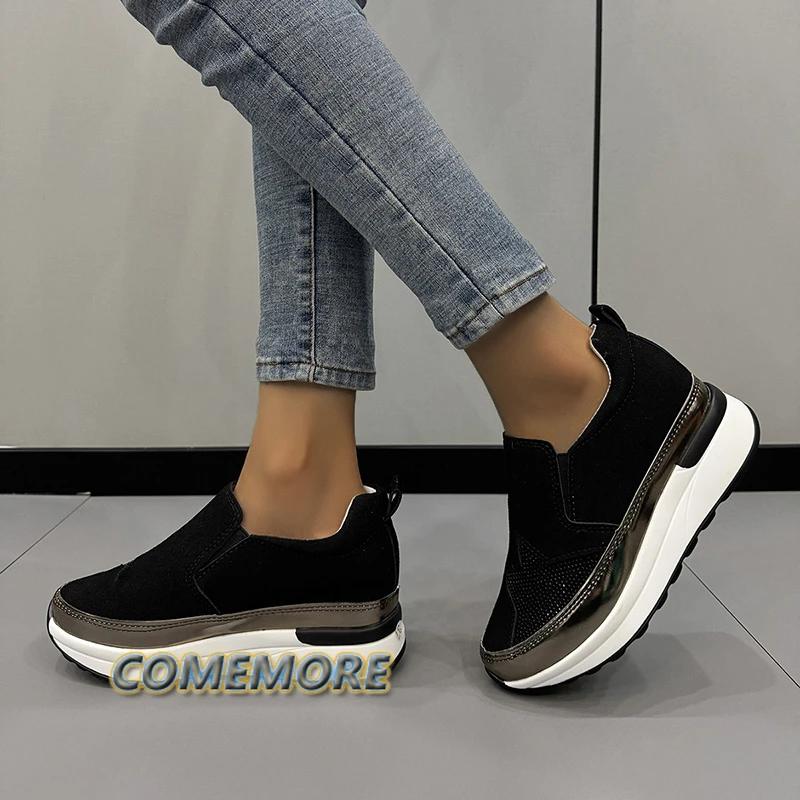 Обувь для женщин 2024 года, новые женские кроссовки из вулканизированной кожи, кроссовки для активного отдыха на платформе со стразами, женская повседневная обувь