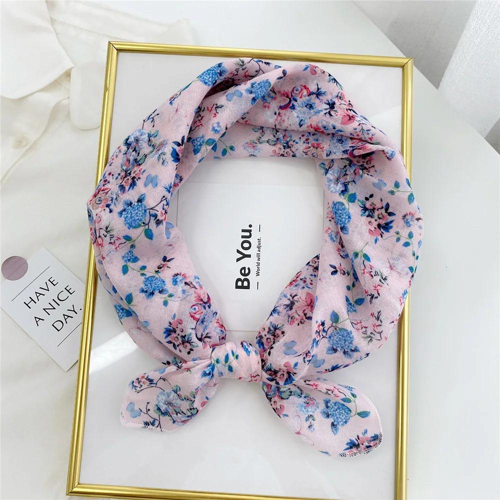 Floral Print Neckerchief Small Hijab Scarfs Women Fashion Handkerchief Neck Scarf Shawls Cotton Blends Korean Hair Scarves 58CM