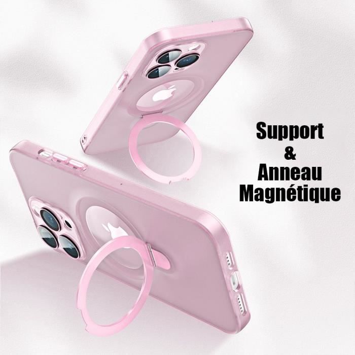 Coque pour iPhone 15 Pro, Antichoc Anti-Rayures Rigide avec Support Magnétique Rotatif et Protection Caméra - Translucide Rose