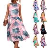 Women's Summer Sleeveless Solid Color Printed Loose Splicing Casual Hanging Neck Beach Dresses