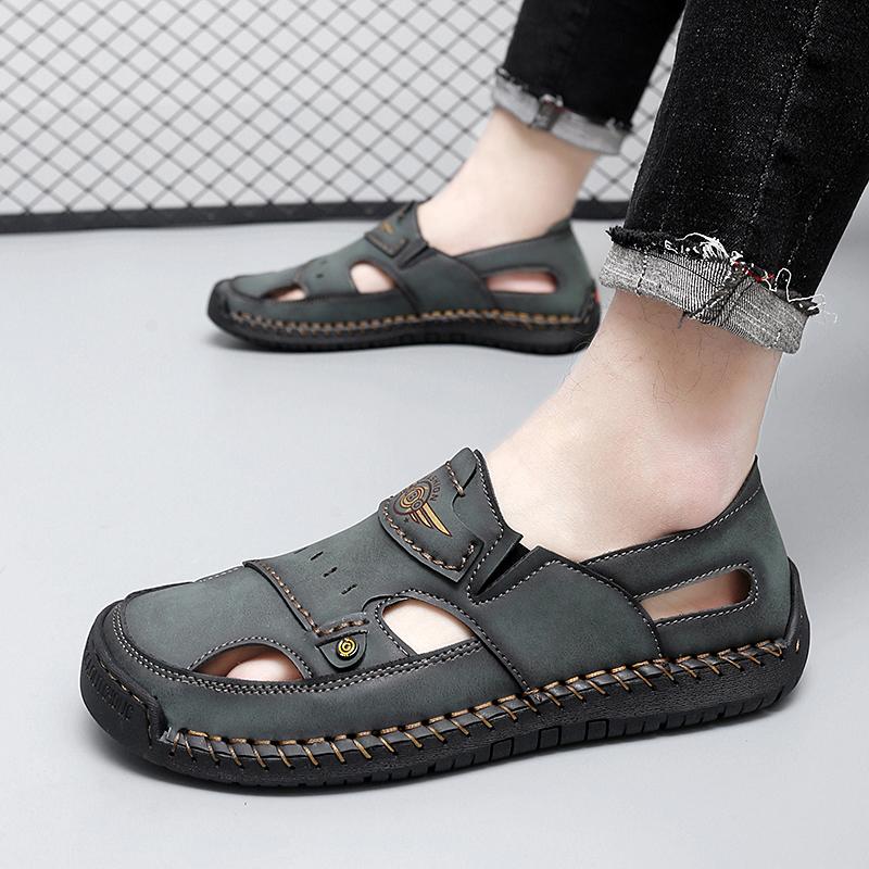 39-48 Летние мужские кожаные пляжные сандалии ручной работы Мужские сандалии с закрытым носком Сандалии большого размера