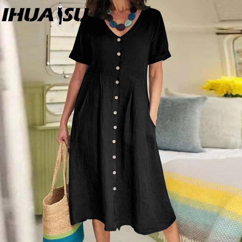 IHUASU Женская мода лето весна однотонный принт V-образный вырез высокая талия повседневные платья