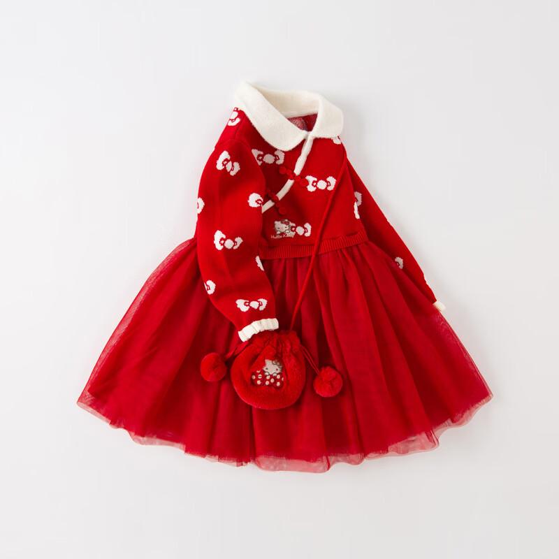 DAVE & BELLA Hello Kitty Girls' Chinese-Style Long-Sleeve A-Line Dress