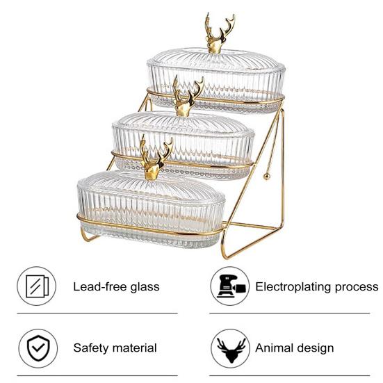 3-Tier Dried Fruit Display Tray with Nut Stand Stylish Elk Lid Sturdy Plastic Iron Frame