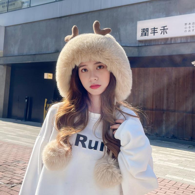 Милая плюшевая вязаная шапка из рогов оленя на осень-зиму из трех шерстяных клубков пряжи, простая модная теплая шапка для женщин