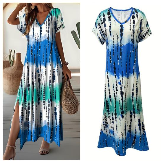 Women Summer Dress V-Neck Short Sleeve Side Slit Design Maxi Dress Tie Dye Print