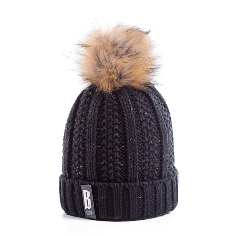 High Quality Letter B Cotton Beanies Wool Fur Pompom Winter Hat For Women Girls Warm Knitted Hat