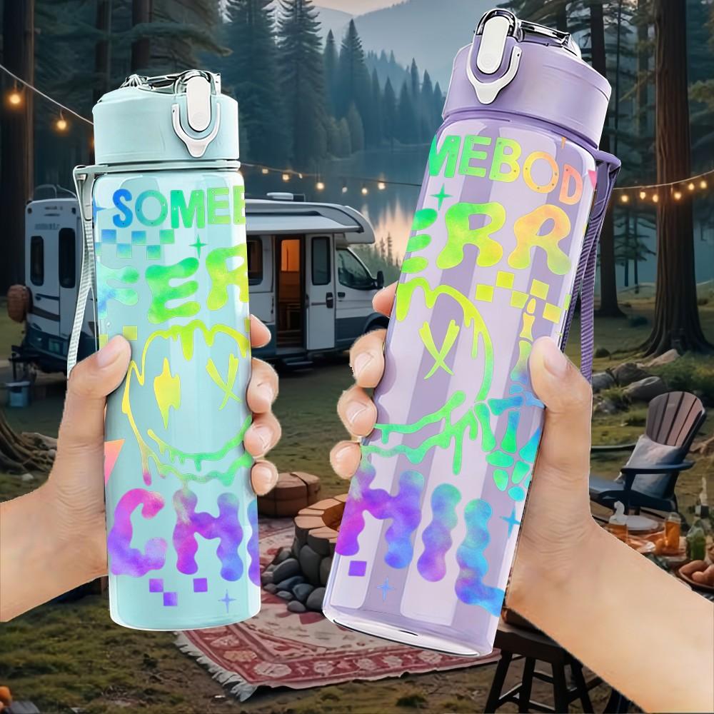 1PC Merry Merry Merry Child Rainbow Print 750ml Color Plastic Sports Water Bottle Leakproof Flip Straw Lid Suitable for Sports Office Home Use