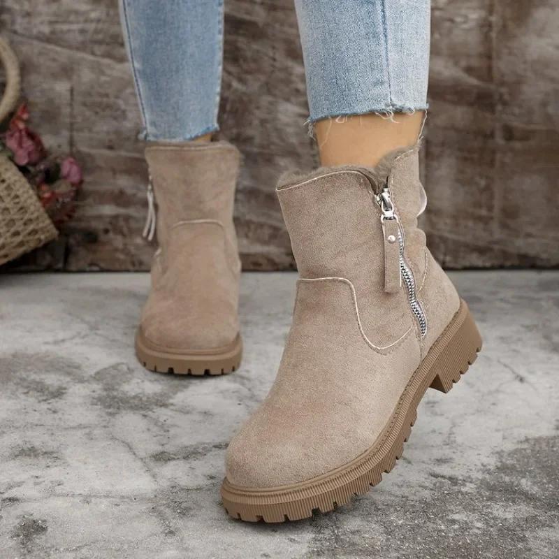 Женская обувь Толстые плюшевые зимние ботинки Женские новые из искусственной замши Нескользящие женские ботинки Сохраняют тепло Хлопковая подкладка Обувь на платформе Ботильоны