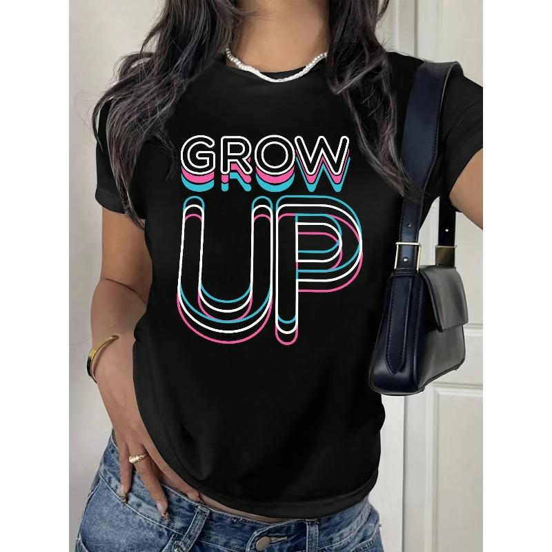 Европейский размер GROW UP Футболка с 3D-принтом букв – Женская повседневная футболка с круглым вырезом, Удобная и универсальная для дома, отдыха, моды, на каждый день