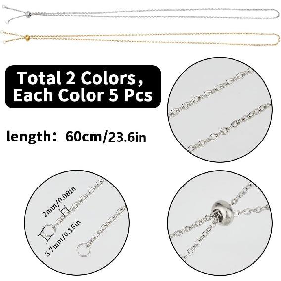 SUNNYCLUE 1 Коробка 10 Штук 24 Дюйма/0.6м 2мм Цепочки-Слайдеры для Ожерелья Регулируемая Цепочка для Ожерелья Оптом Нержавеющая Сталь Слайдер Регулируемые Бусины-Шарики Фурнитура