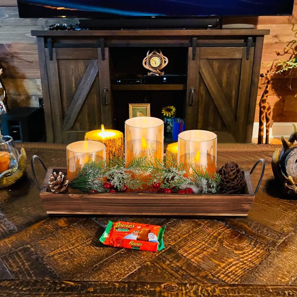 Long Narrow Wood Candle Tray: Hanobe Rustic Wooden Candle Holders Rectangular Table Centerpieces for Dining Room Farmhouse Pillar Stand with Handle