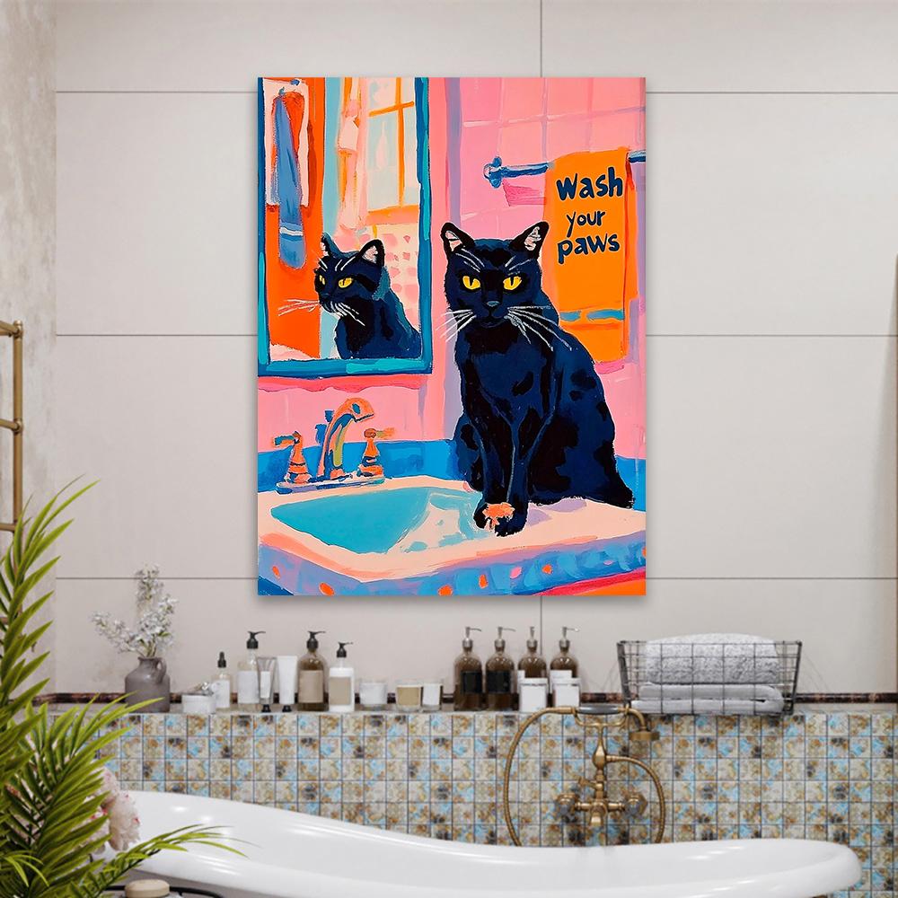 Maximalist Bathroom Cat Art Poster Wash Your Paws Quotes Prints Trendy Cat Poster Colorful Bathroom Art Canvas Painting Decor