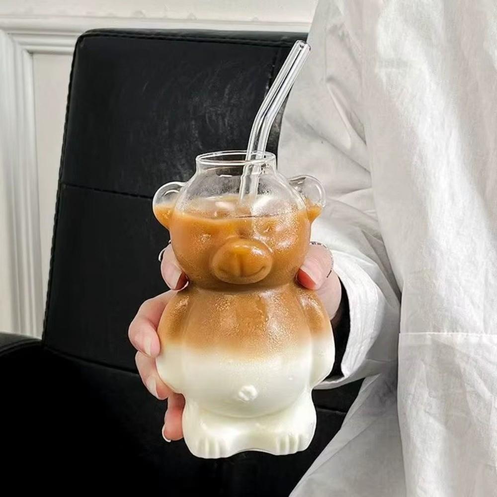 Transparent Clear Bear Glassware 320ML Milk Tea Straw Cup Cute Glass Cup With Straw Coffee