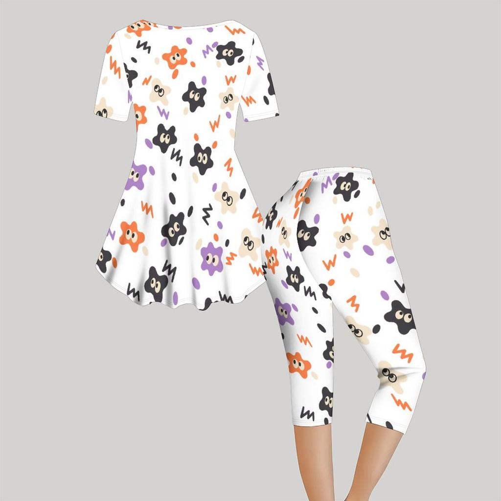 Women Plus Size White Halloween Printed Round Neck Short Sleeve Top Capri Pants Two Piece Pajama Set