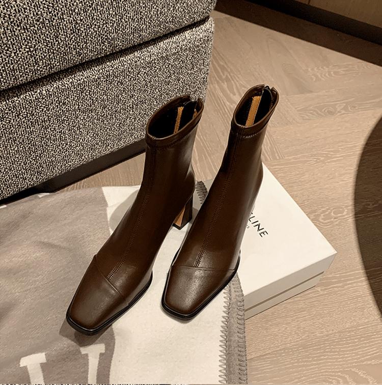Сапоги с квадратной головкой и толстым каблуком и ботильонами, темпераментные эластичные короткие сапоги на высоком каблуке, женские универсальные удобные мягкие тонкие сапоги из кожи