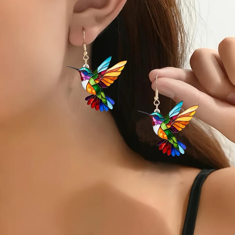1 Pair Acrylic Hummingbird Earrings, Colorful 2D Design, Featherless, Stainless Steel Hooks, Elegant Party Accessory Fashion Dangle Earrings for Women