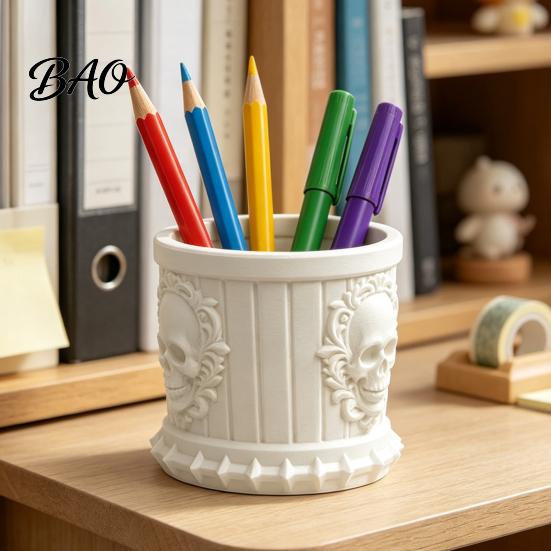 Halloween Room Decoration Gothic Skull Pen Holder, 3D Printed PLA Stationery Organizer, Pencil Cup Theme Container for Makeup Brushes And Office