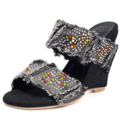 Модный дизайн женские сандалии с открытым носком на танкетке 11 см, мюли на шлепанцах, хрустальные, больших размеров 44 45 46, повседневная женская обувь для отдыха