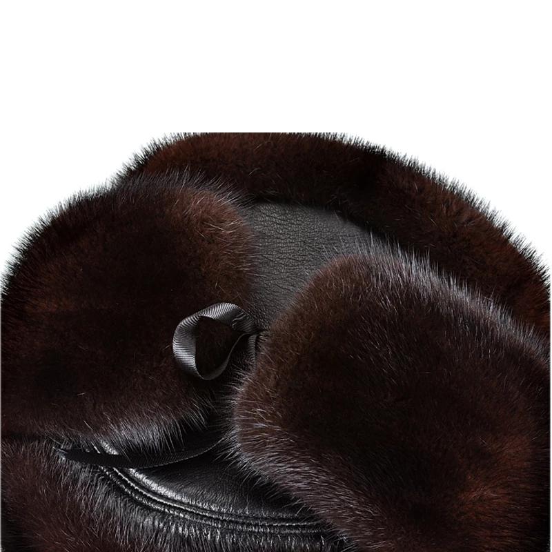 Роскошная зимняя утепленная шапка-бомбер из натурального меха норки для мужчин, черная/коричневая бирка для пожилых людей, теплая шапка, мотоциклетные русские шапки, подарок