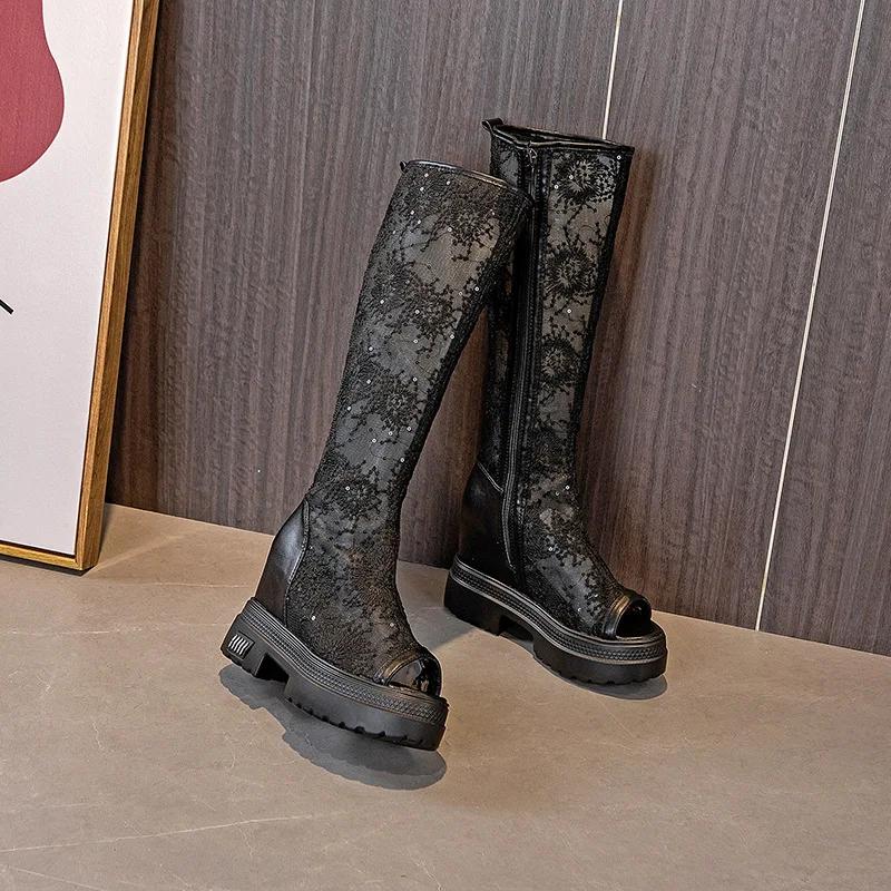Модные модные роскошные белые кружевные сапоги женские летние высокие сапоги женские повседневные туфли на плоской платформе Botas De Mujer