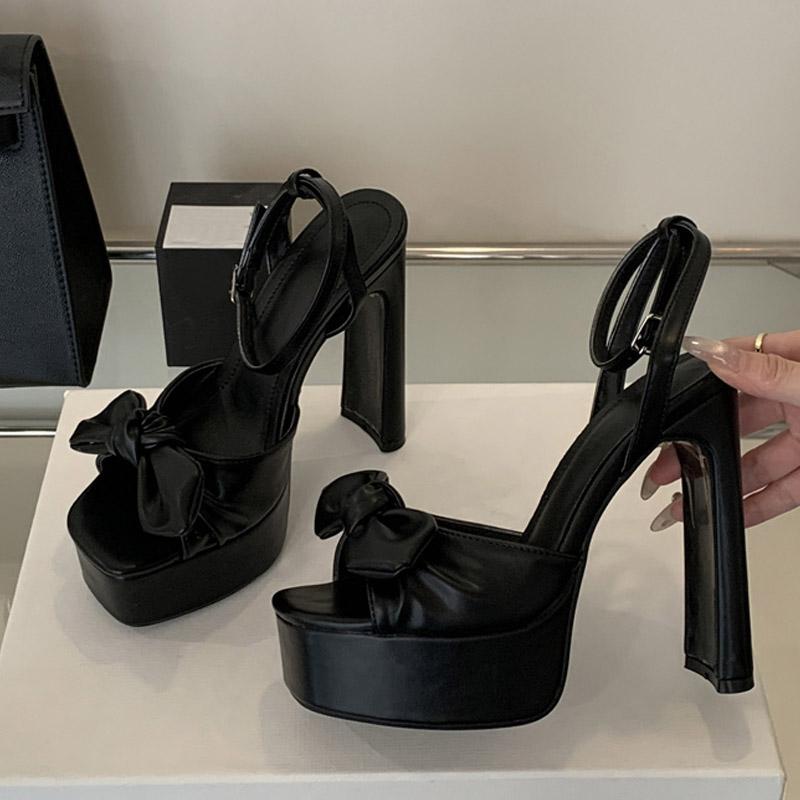 Liyke Абрикосовая Кожа Бант Дизайнерские Туфли на Высокой Платформе Сексуальные Сандалии Женские Квадратный Носок Ремешок с Пряжкой Массивные Туфли Zapatos Mujer