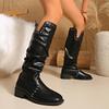 Fashion Rivet Decor Slouchy Knee High Boots for Women Fashion Black Chunky Heel Long Boots Woman Autumn PU Leather Riding Botas De Mujer