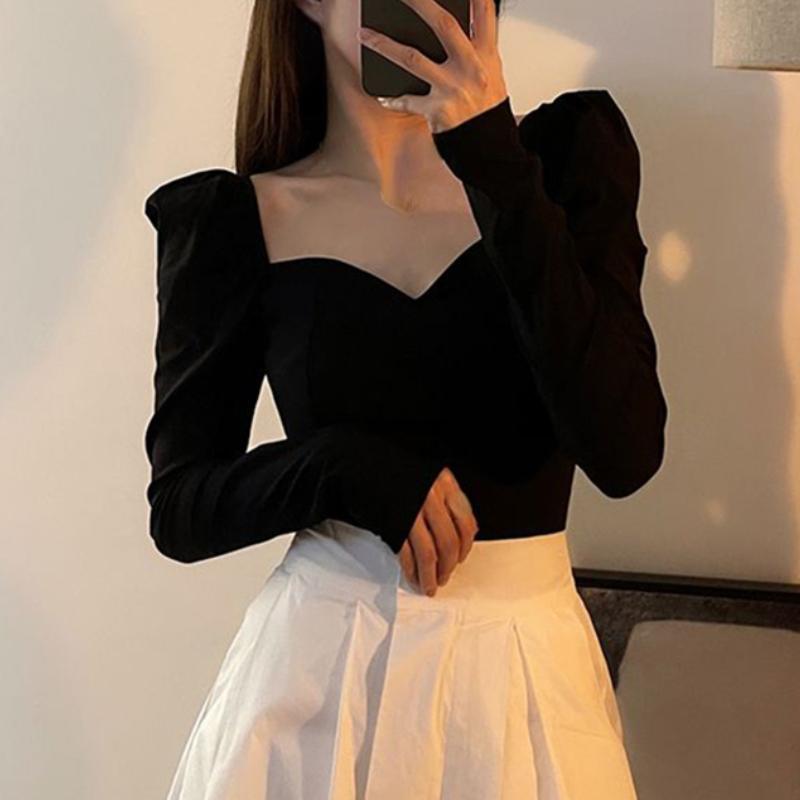 Винтажные элегантные рубашки женские с пышными рукавами и квадратным воротником блузки офисные женские корейские осенние черные шикарные тонкие повседневные универсальные топы