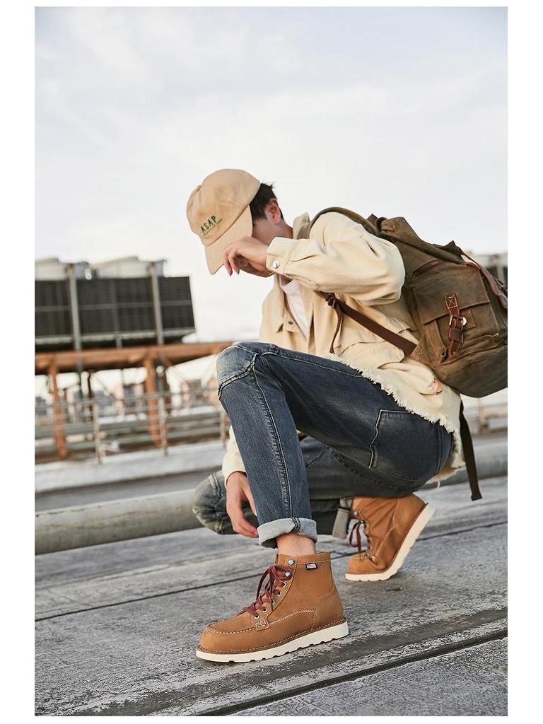 Мужские рабочие ботинки средней высоты из желтой коровьей кожи в стиле ретро