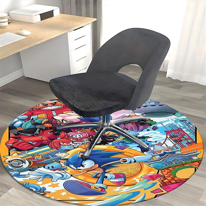 1pc Sonic the Hedgehog Anime Cartoon Design Round Carpet - Office Chair Mat, Non-Slip Rug for Home Decor, Living Room, Bedroom, Dormitory, Birthday Gi
